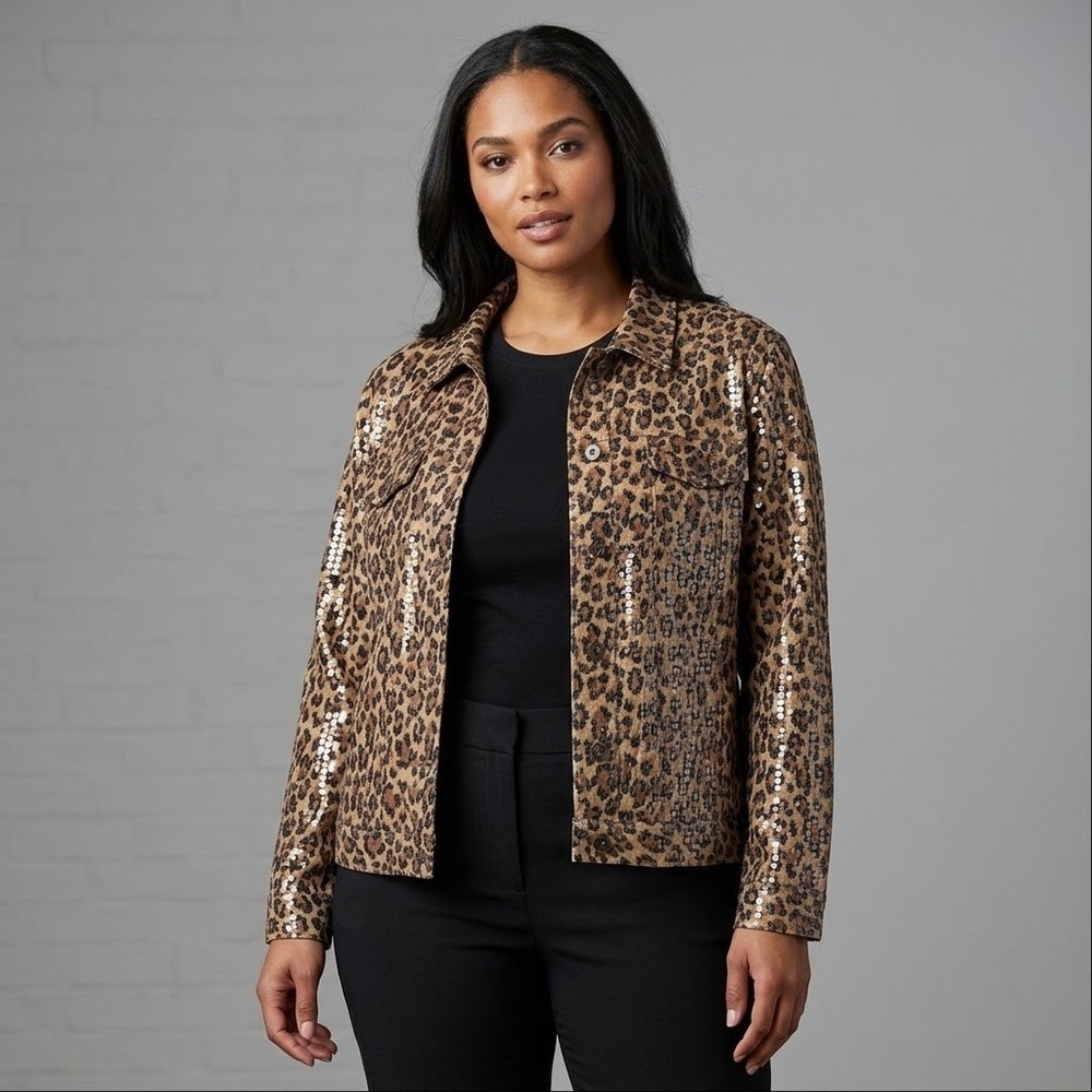 Vintage Y2K Elementz Woman Leopard Print Sequin Jean/Shirt Jacket Style 1X Brown